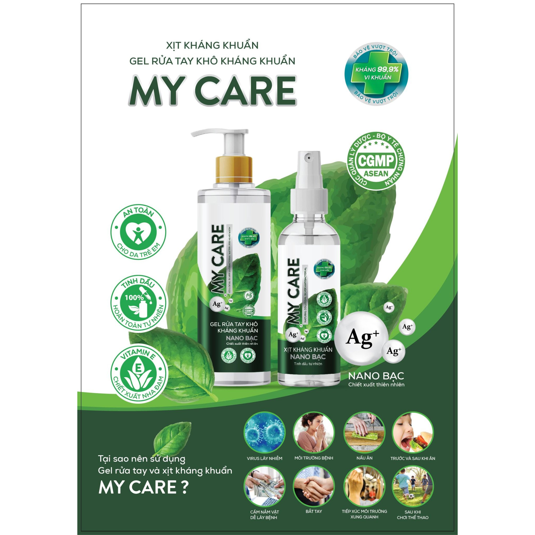 Combo Nano Bạc My Care (Chai Xịt 100ml và Gel 150ml) Hương Tinh Dầu Tự Nhiên, Diệt 99,9% Vi Khuẩn, Ngăn Ngừa Các Virus Lây Bệnh, Đạt Chuẩn CGMP