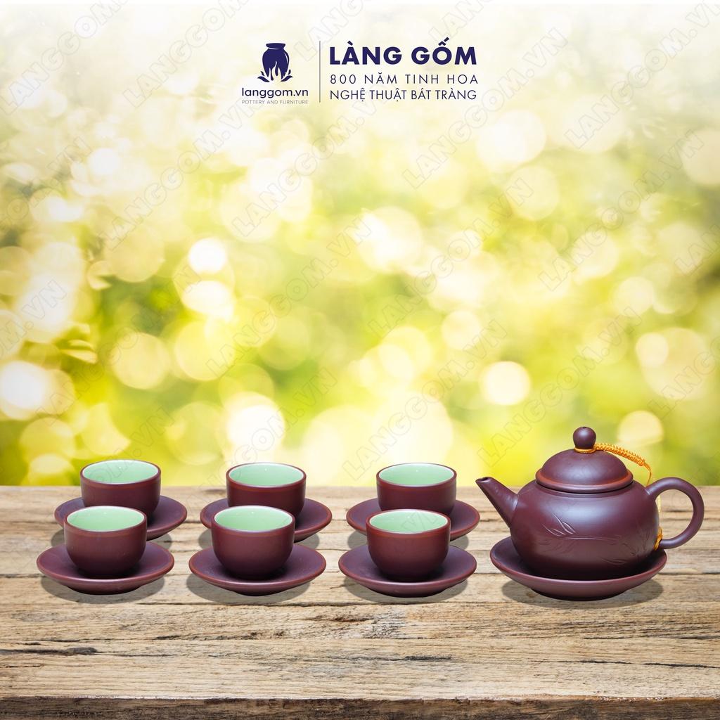 Bộ ấm chén đất nung khắc trúc nhỏ + đĩa tách - Men mộc - Gốm sứ Bát Tràng - langgom.vn