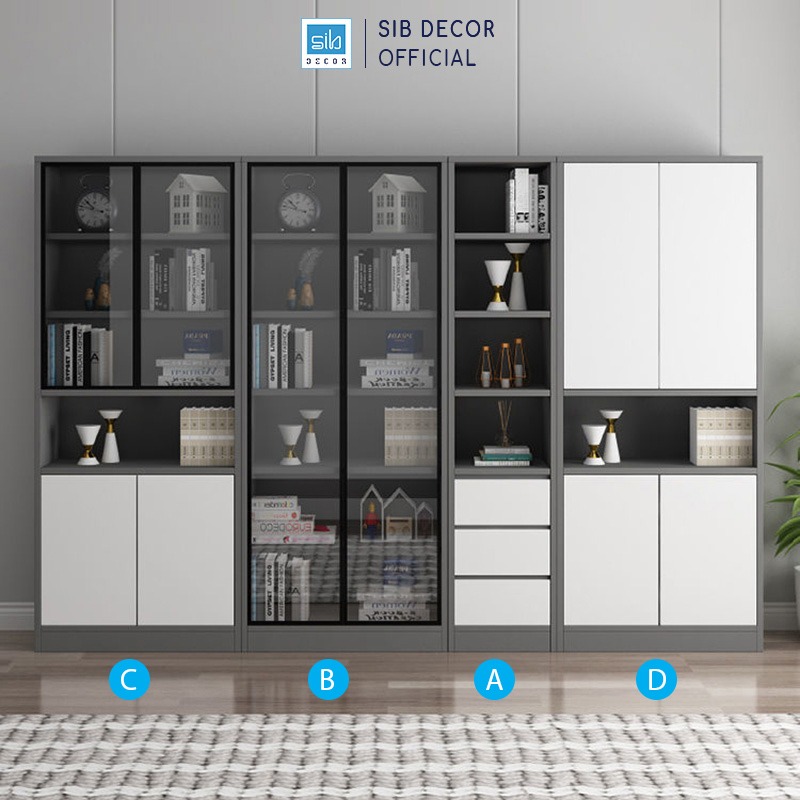 Set Tủ Sách Gỗ Nhiều Ngăn Tiện Lợi Phối Cửa Kính Trung Bày Hiện Đại Thương Hiệu SIB Decor KS603