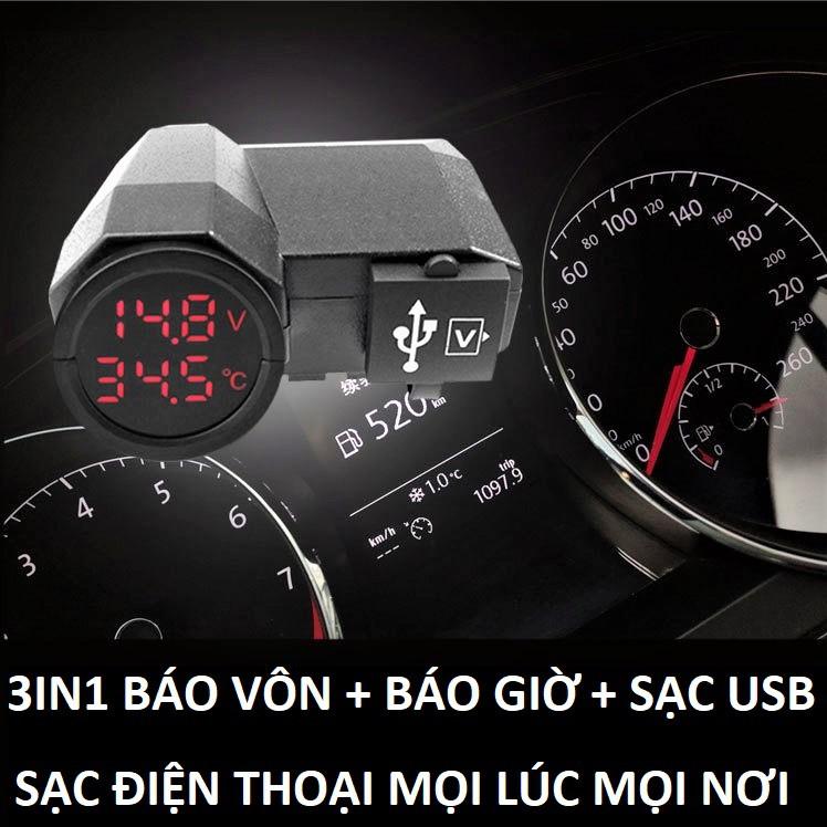 Sạc điện thoại trên xe máy 3in1 kèm đồng hồ báo vôn- báo nhiệt độ đa năng loại tốt màn hình led