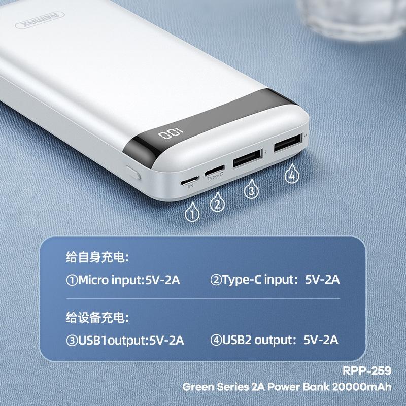 Pin sạc dự phòng Remax RPP-259 20000mAh Green Series, 2 cổng input / output - Hàng Chính Hãng