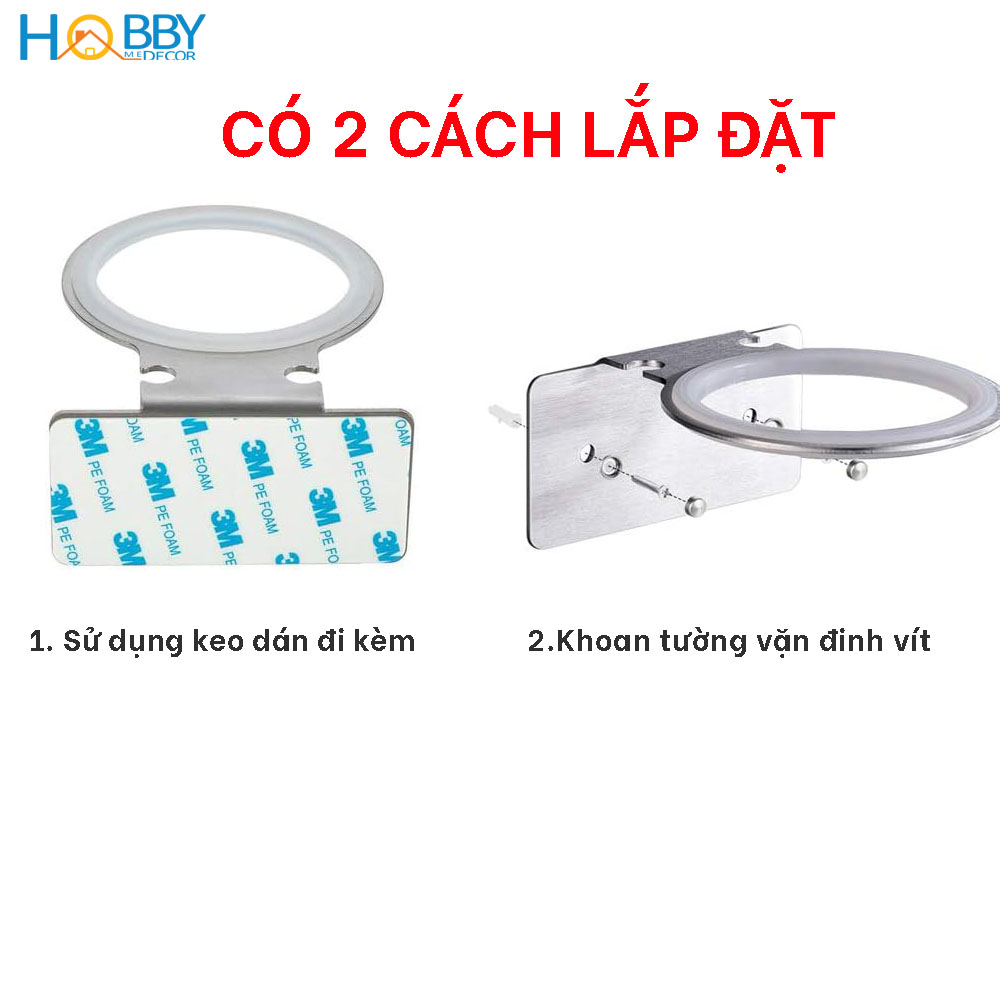 Giá treo máy sấy tóc Inox 304 HOBBY Home Decor MS2 dán tường hoặc khoan - kèm keo dán 3M siêu dính và đinh ốc