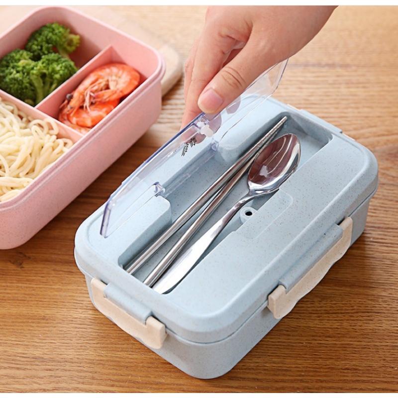 Hộp Đựng Cơm Ăn Trưa Văn Phòng 3 Ngăn Loại 1 - Nhựa/Lúa Mạch- Kèm Đũa Thìa - Sử Dụng Lò Vi Sóng