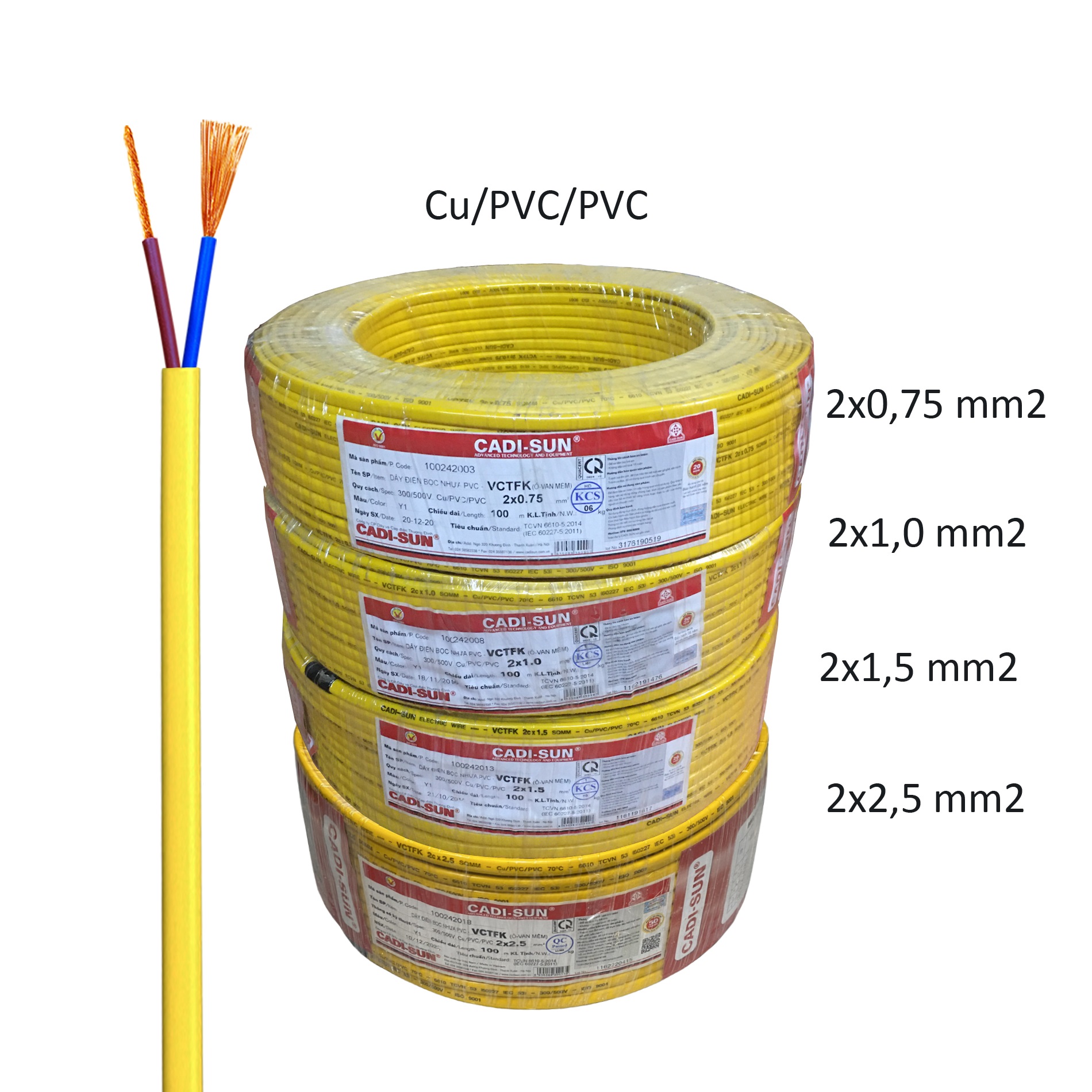 Sỉ cuộn 100m Dây điện đôi bọc ovan dẹt mềm 2x0,5 2x0,75 2x1 2x1,5 2x2,5 mm2 Cu/PVC/PVC VCTFK Cadisun W0-2x