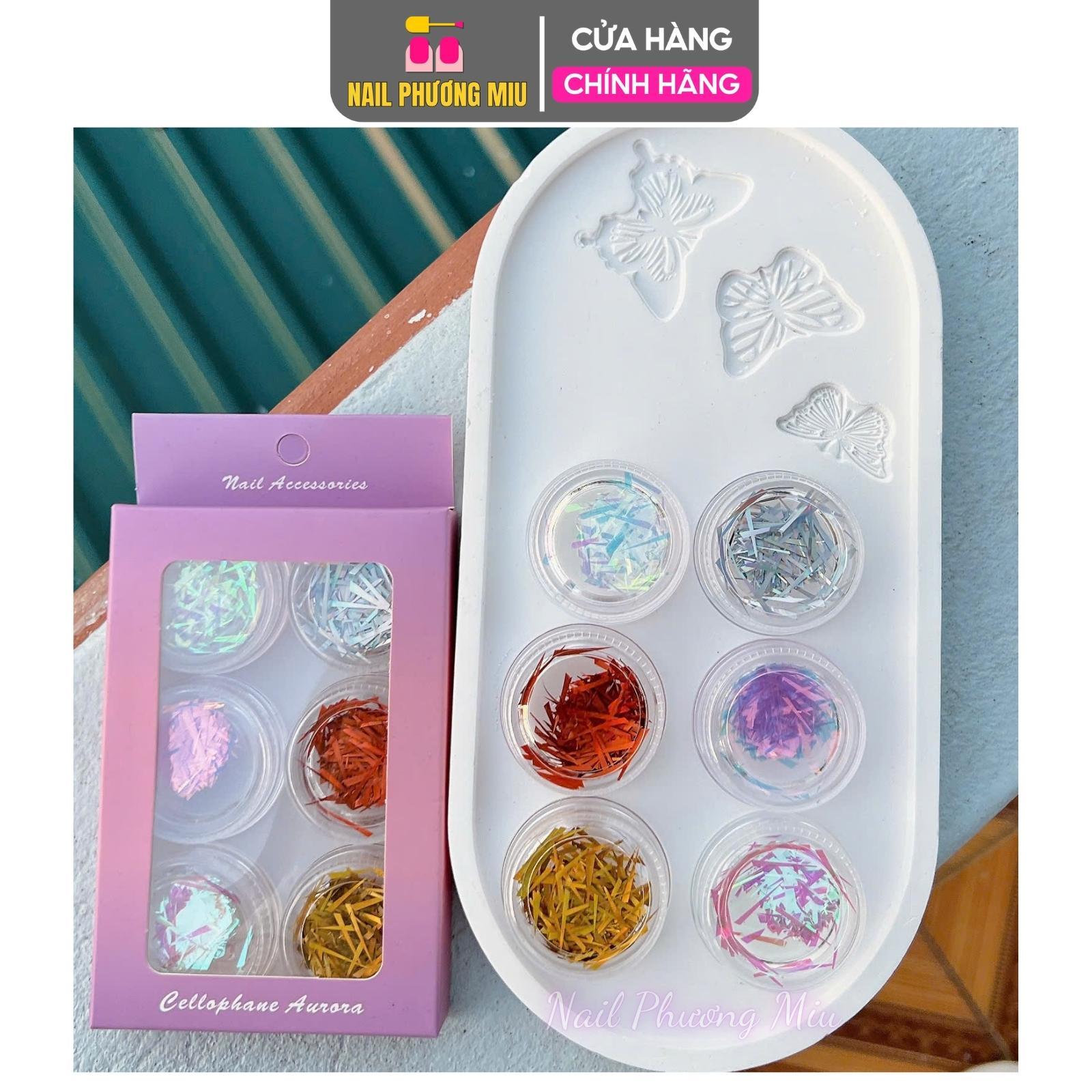 Set 6 Hũ Giấy Thuỷ Tinh, Giấy Kim Tuyến Cực Quang Làm Nail Lấp Lánh Nhiều Màu Trang Trí Móng Hàn Quốc Siêu Đẹp - Nail Phương Miu Nữ Women