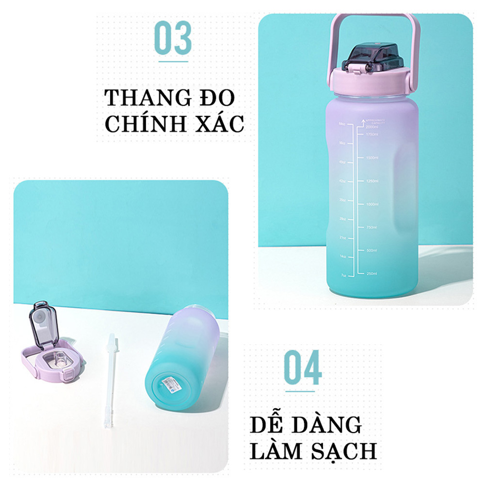 Bình đựng nước 2L dễ thương có vạch báo giờ uống nước - màu sắc cực cool - thương hiệu YY cao cấp