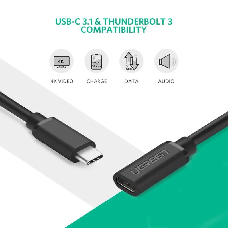 Ugreen UG40574ED008TK 50CM 3.1 gen1 4k 30hz 60w cáp usb type c nối dài - HÀNG CHÍNH HÃNG