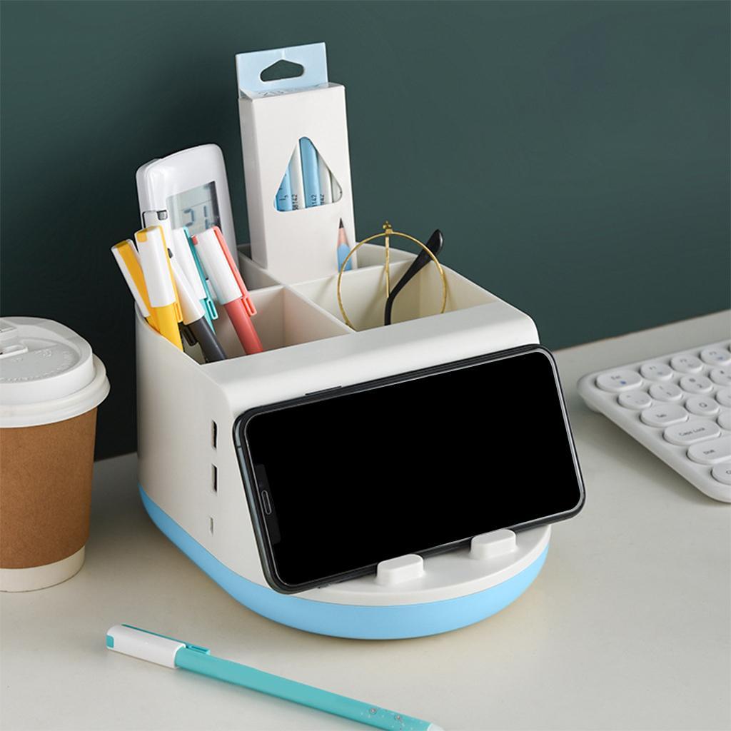 Makeup Storage Holder Phone Charging Station Stationery Organizer Blue