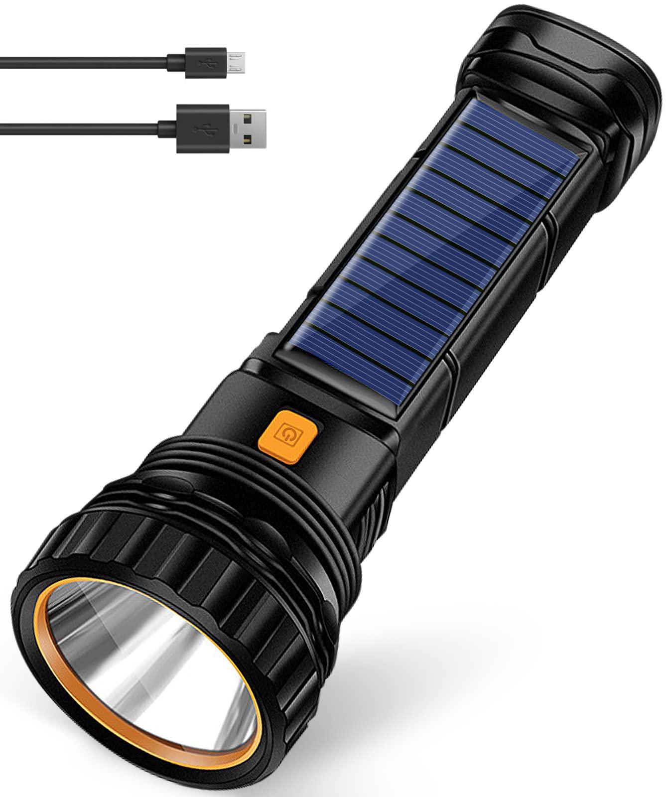 Đèn pin LED năng lượng mặt trời, ngọn đuốc năng lượng mặt trời có thể sạc lại USB, đèn pin LED 1200 MAH với 3 chế độ, đèn pin chống nước LED Stroboscope, đèn đèn pin lý tưởng để câu cá, khẩn cấp, ngoài trời