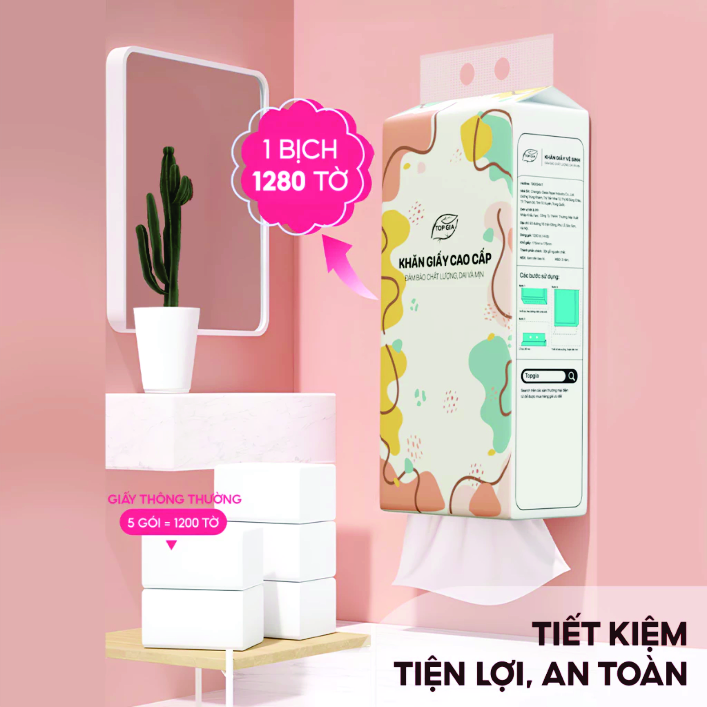 Giấy vệ sinh treo tường TopGia thùng 6 bịch đa sắc làm từ bột gỗ nguyên chất, 1280 tờ 4 lớp siêu dai cao cấp