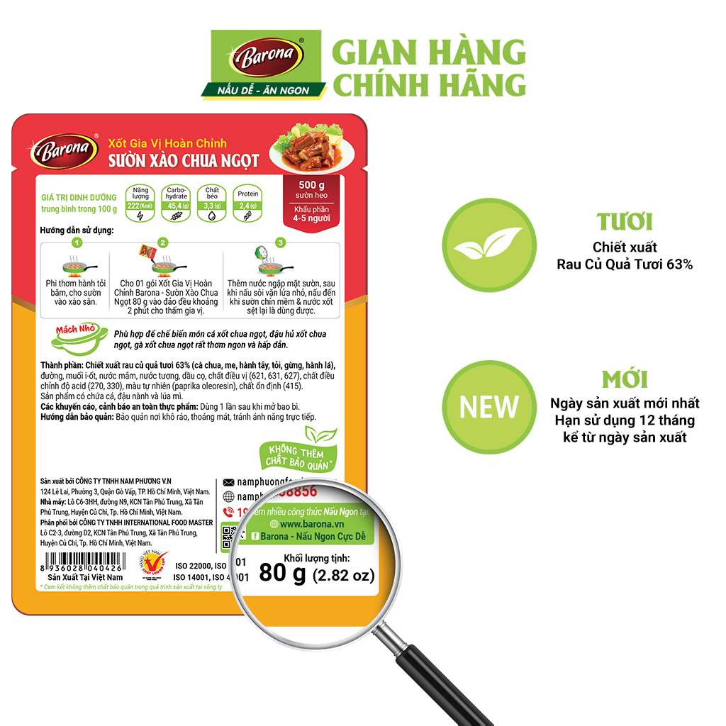 Combo Xốt gia vị hoàn chỉnh Barona: 1 gói Cá/ thịt kho (80gr) + 1 gói Sườn xào chua ngọt (80gr) + 1 gói Canh chua (80gr)