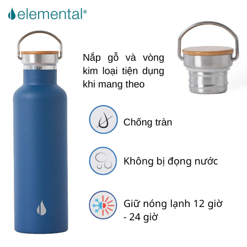 Bình giữ nhiệt Elemental 750ml màu xanh navy, giữ nhiệt vượt trội, inox 304, FDA Hoa Kỳ, nắp gỗ cao cấp