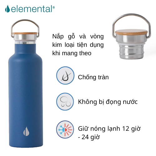 [Hàng chính hãng – Thương hiệu Mỹ] Bình giữ nhiệt Elemental 750ml màu xanh navy, giữ nhiệt vượt trội, inox 304, FDA Hoa Kỳ, nắp gỗ cao cấp