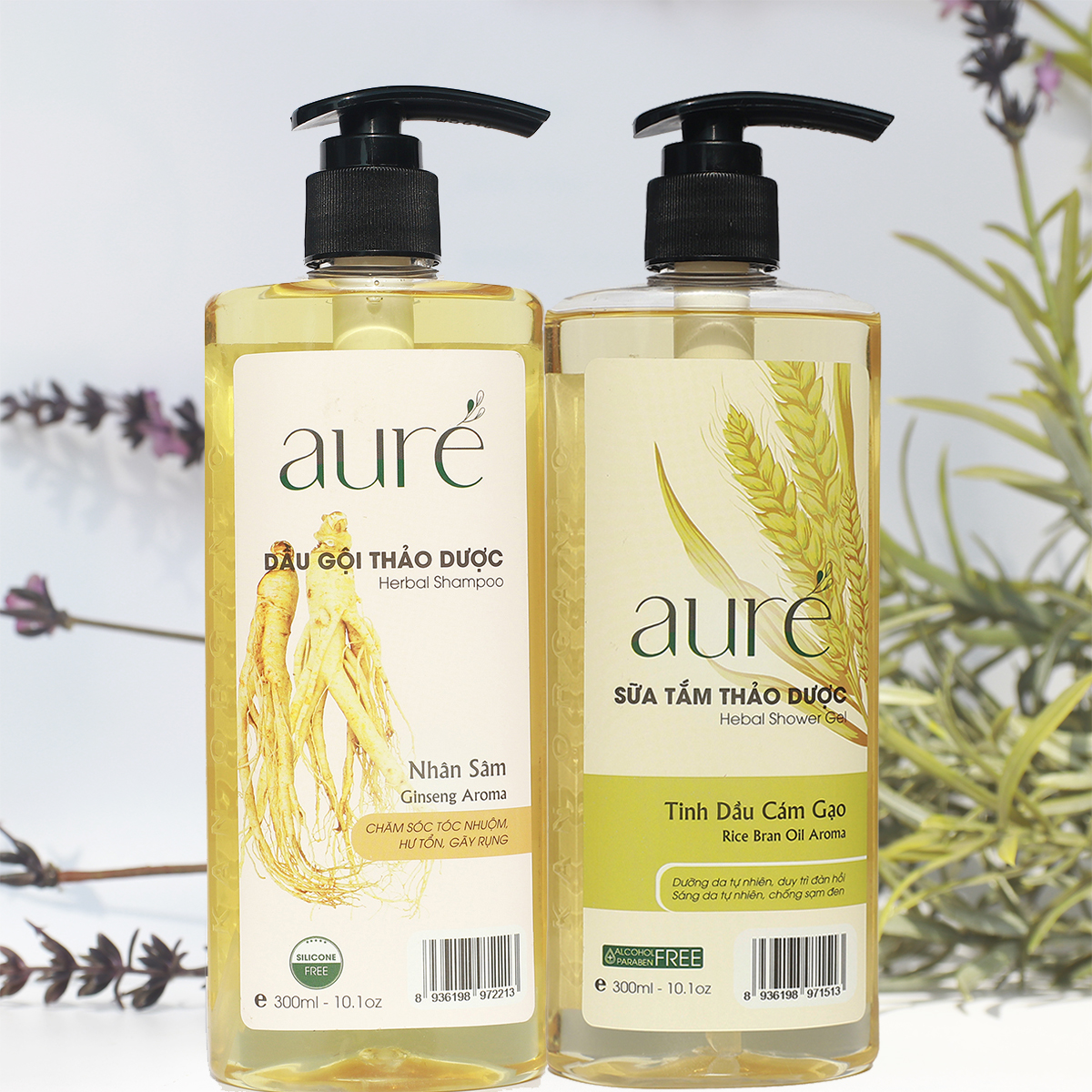 [AURÉ Siêu Khuyến mại] Sữa tắm thảo dược, Tinh dầu Cám gạo ++ Dầu gội thảo dược Nhân sâm, Chai 300ml