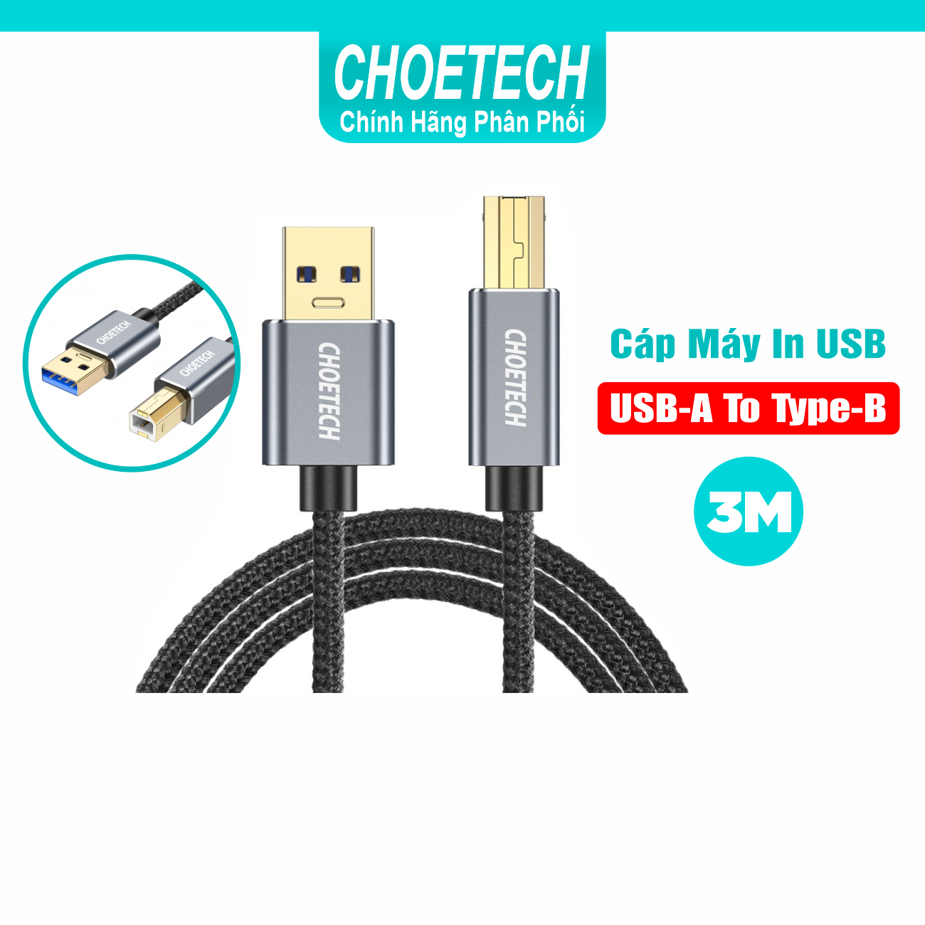 Dây Cáp Máy In USB 2.0 Từ USB-A To Type-B Dài 3M CHOETECH AB0011 - Hàng Chính Hãng