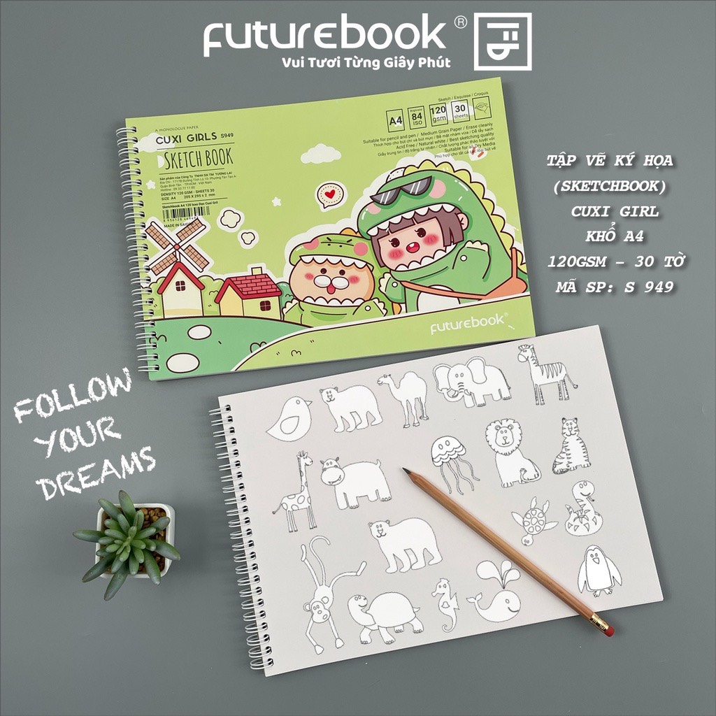 Tập Vẽ Ký Hoạ (SketchBook) Cuxi Girl- A4- 120GSM- 30 Tờ- Lò xo lật dọc. MSP: S949. VPP FUTUREBOOK. (Giao Mẫu Ngẫu Nhiên)