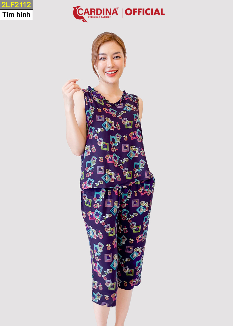 Đồ Bộ Nữ CARDINA Chất Lanh Tre Nhật Cao Cấp Quần Lửng Áo Sát Nách Cổ Bèo Họa Tiết Tinh Tế 2LF21