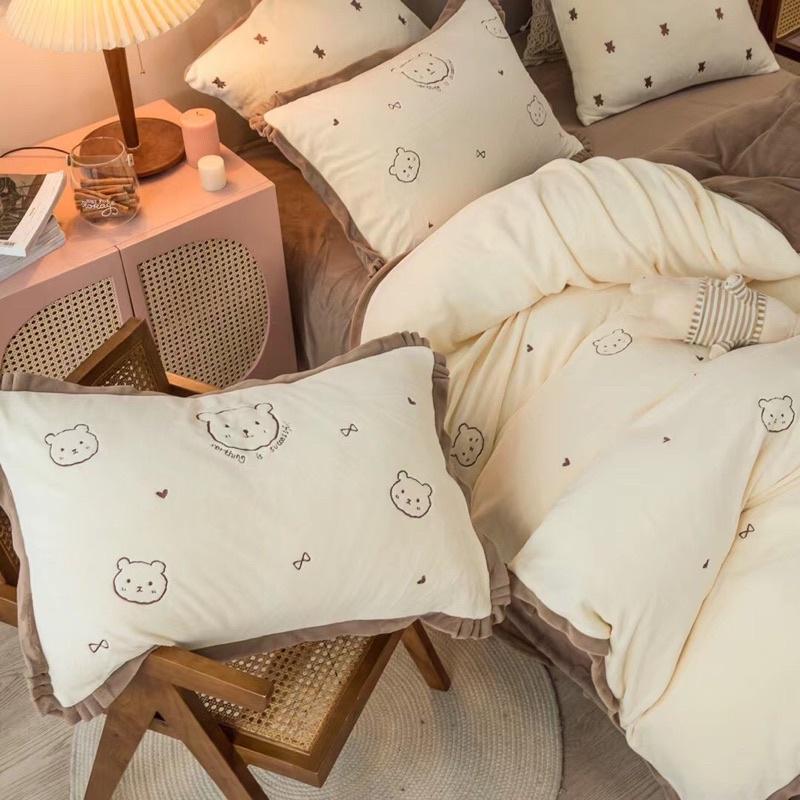 Bộ Chăn Ga Gối Nỉ Nhung Mịn Hàng Nhập Khẩu Cao Cấp 4 Món Gấu Teddy