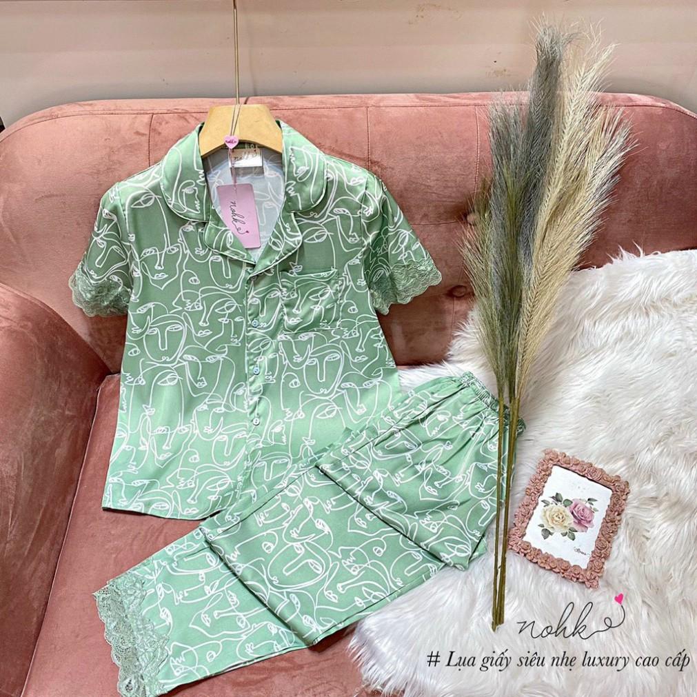 Bộ ngủ Pijama lụa họa tiết mặt người cộc tay cao cấp NOHK