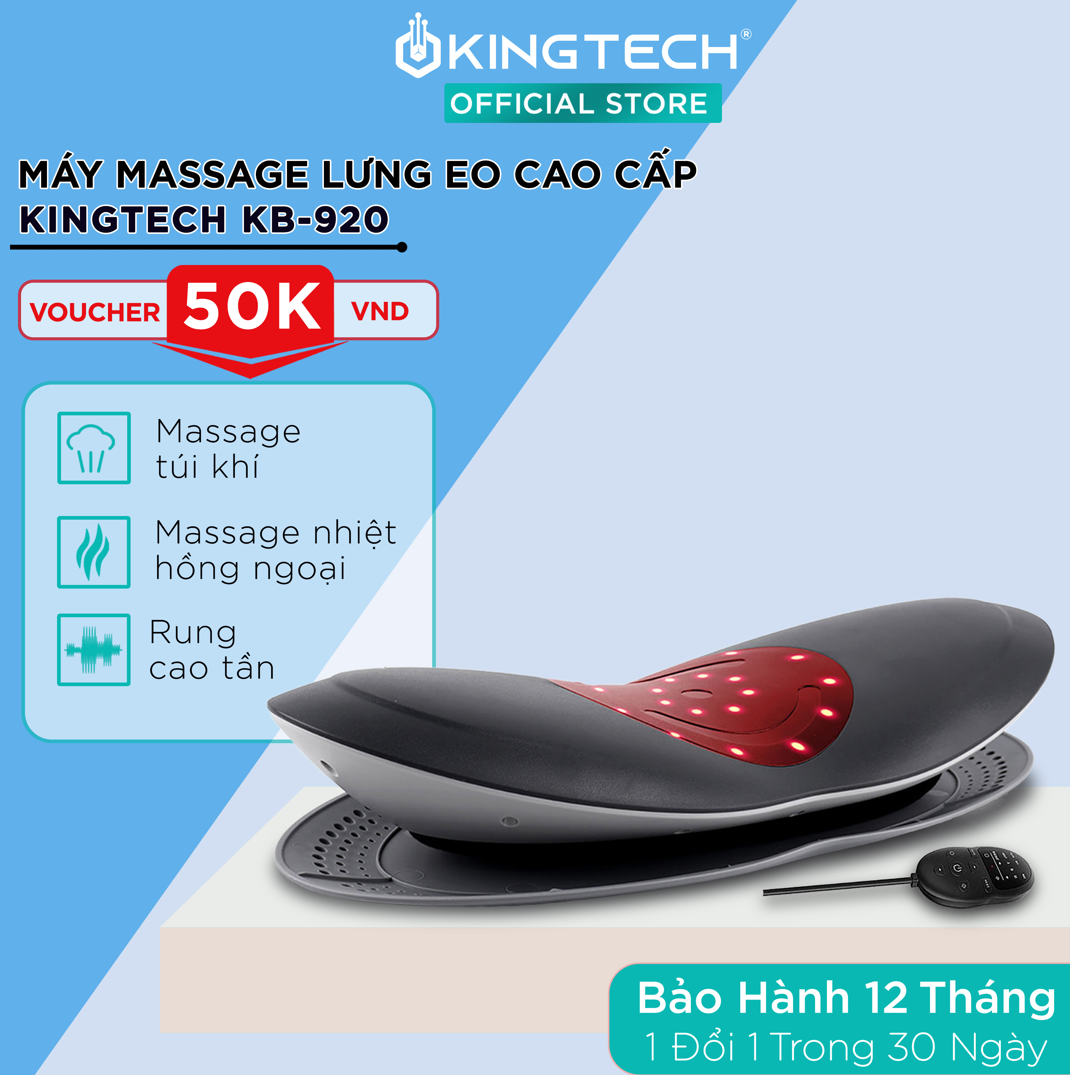 Máy Massage Lưng Cao Cấp KINGTECH KB-920  - Mát xa Thắt Lưng, Eo, Cột Sống - Hỗ Trợ Điều Trị Thoát Vị Đĩa Đệm, Thoái Hóa, Đau Đốt Sống, Vai Gáy - Tích Hợp Tính Năng Nhiệt Hồng Ngoại 45 - 65 độ - Hàng Chính Hãng