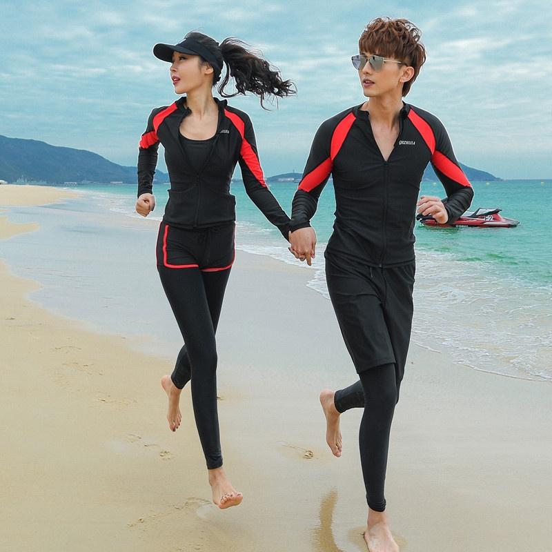 Bộ đồ bơi nữ dài tay kéo khóa 5 mảnh đen viền đỏ thun lạnh cao cấp
