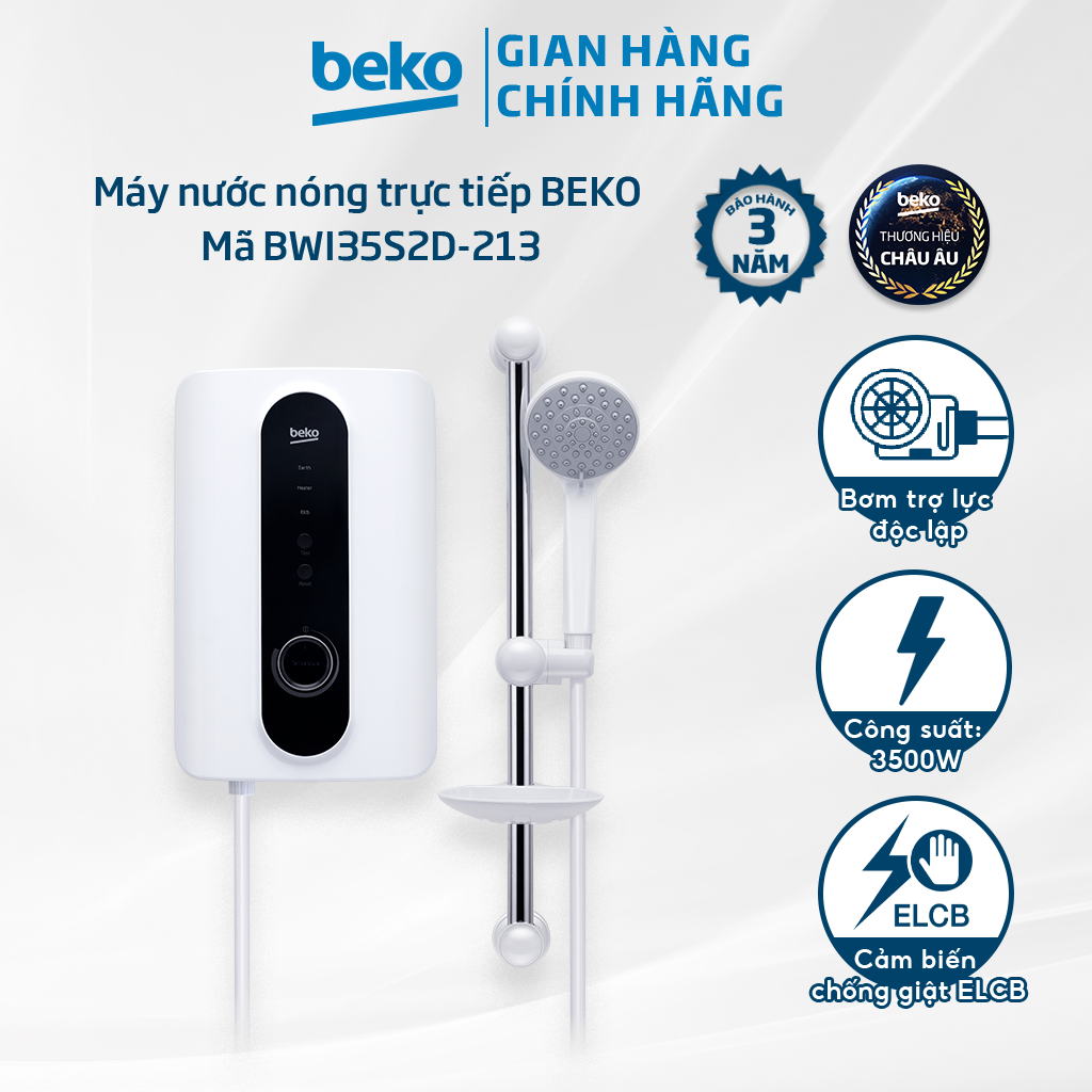 Máy Nước Nóng Trực Tiếp BEKO Công Suất 3500W Tích Hợp Bơm Trợ Lực, Cảm Biến Chống Giật, Bỏng - BWI35S2D-213 - Hàng Chính Hãng