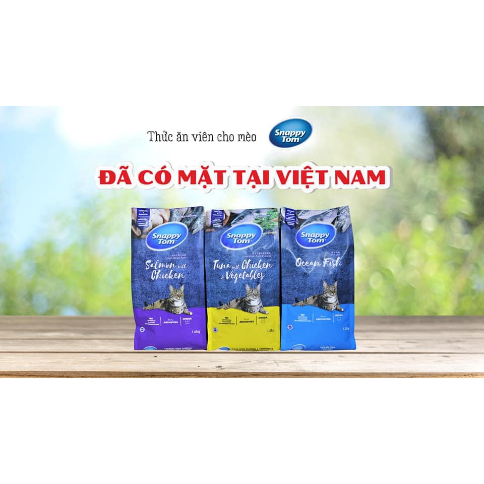 Thức Ăn Hạt Cho Mèo Snappy Tom Loại Mới Có Topping Cá Cơm 1.5kg