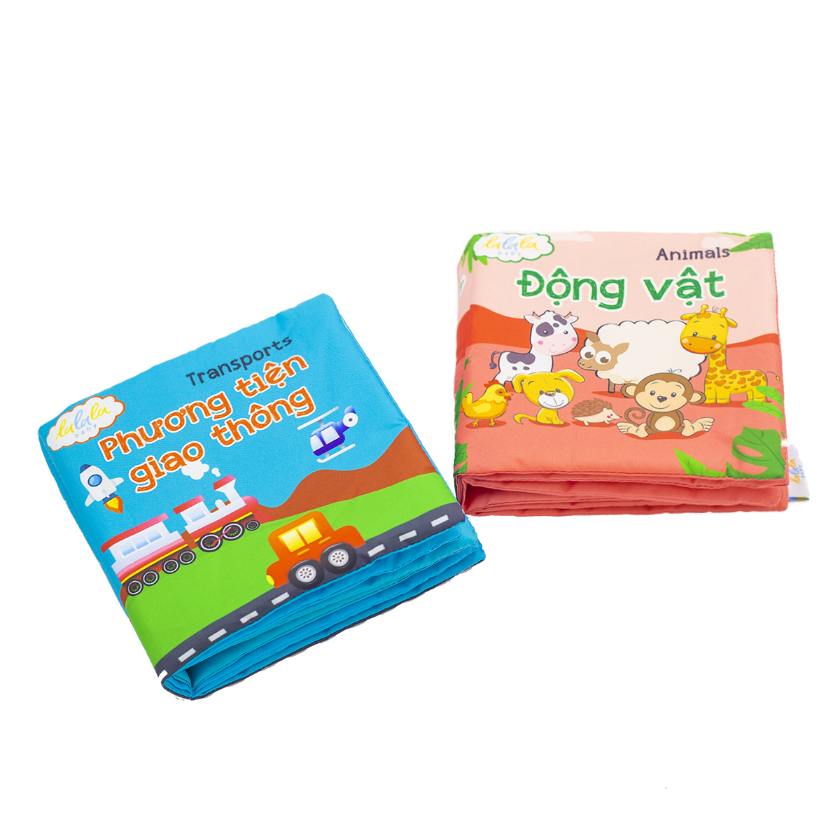 Combo 2 cuốn sách vải song ngữ Lalala baby chủ đề Động vật và Phương tiện giao thông