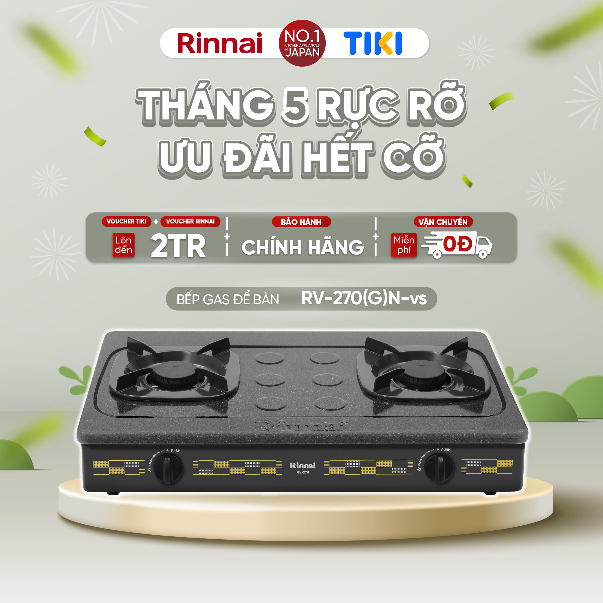 Bếp gas dương Rinnai RV-270(G)N mặt bếp men và kiềng bếp men - Hàng chính hãng