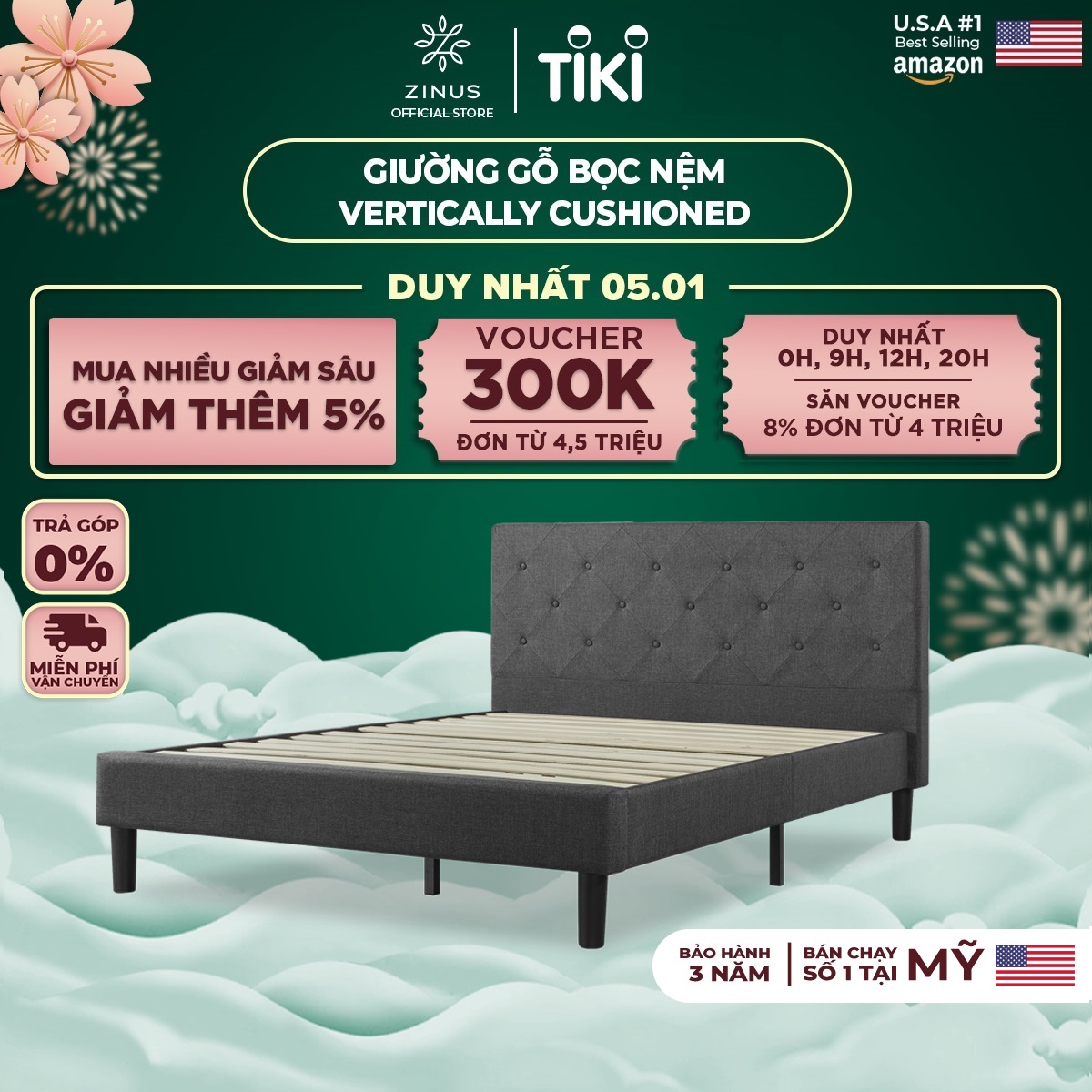 Giường Bọc Nệm Zinus Tự Lắp Ráp Sang Trọng Phong Cách Mỹ - Vertically Cushioned Platform Bed