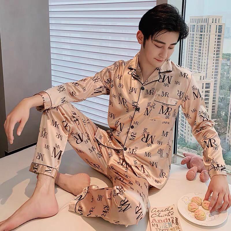 Đồ bộ Pijama họa tiết chữ MR dành cho nam - Đồ mặc nhà cho nam vải phi bóng dài tay (Hàng có sẵn)