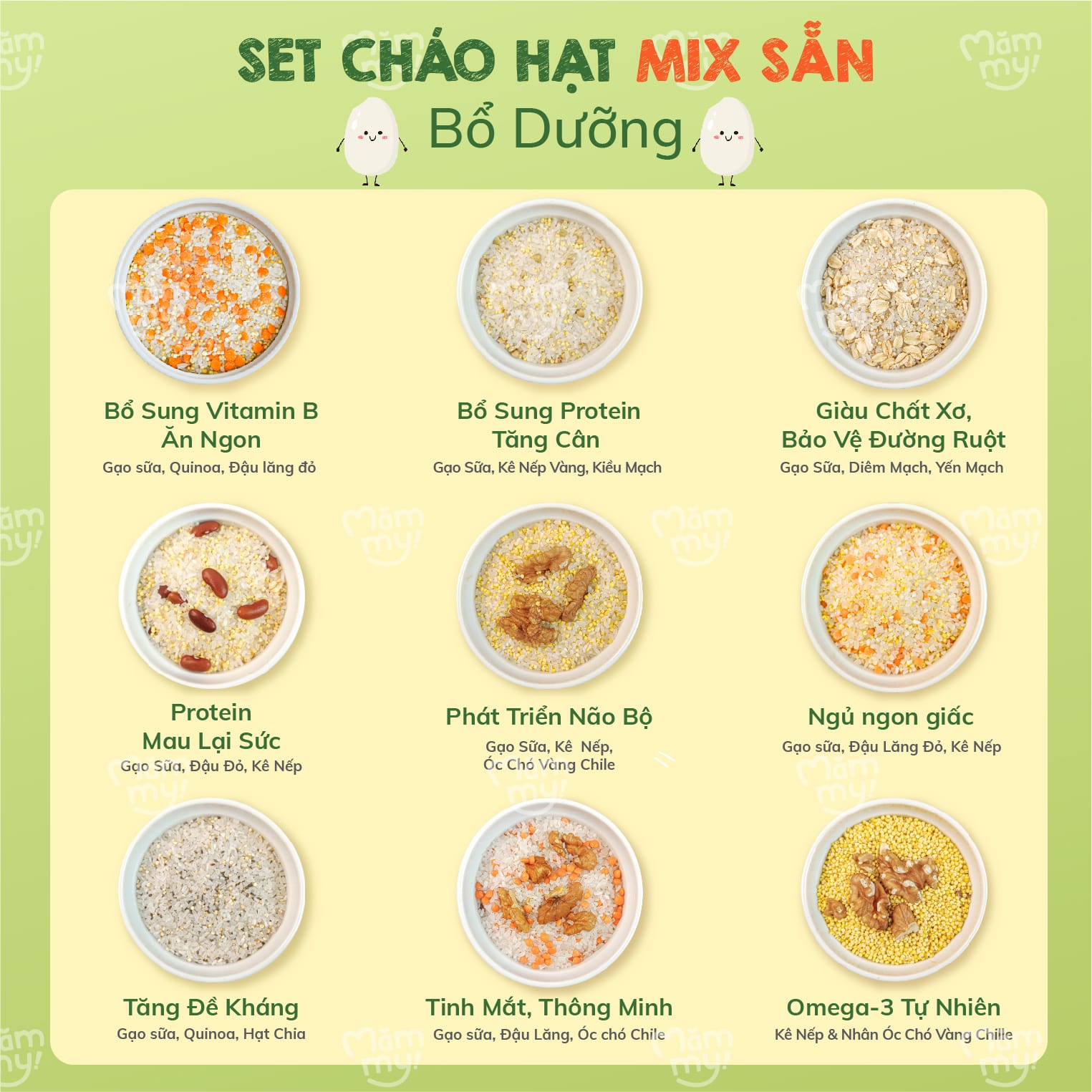 Combo chóng lớn Mămmy bao gồm set 9 hạt mix, 2 hộp phô mai và set 3 dầu 30ml dành cho bé 6 tháng tuổi