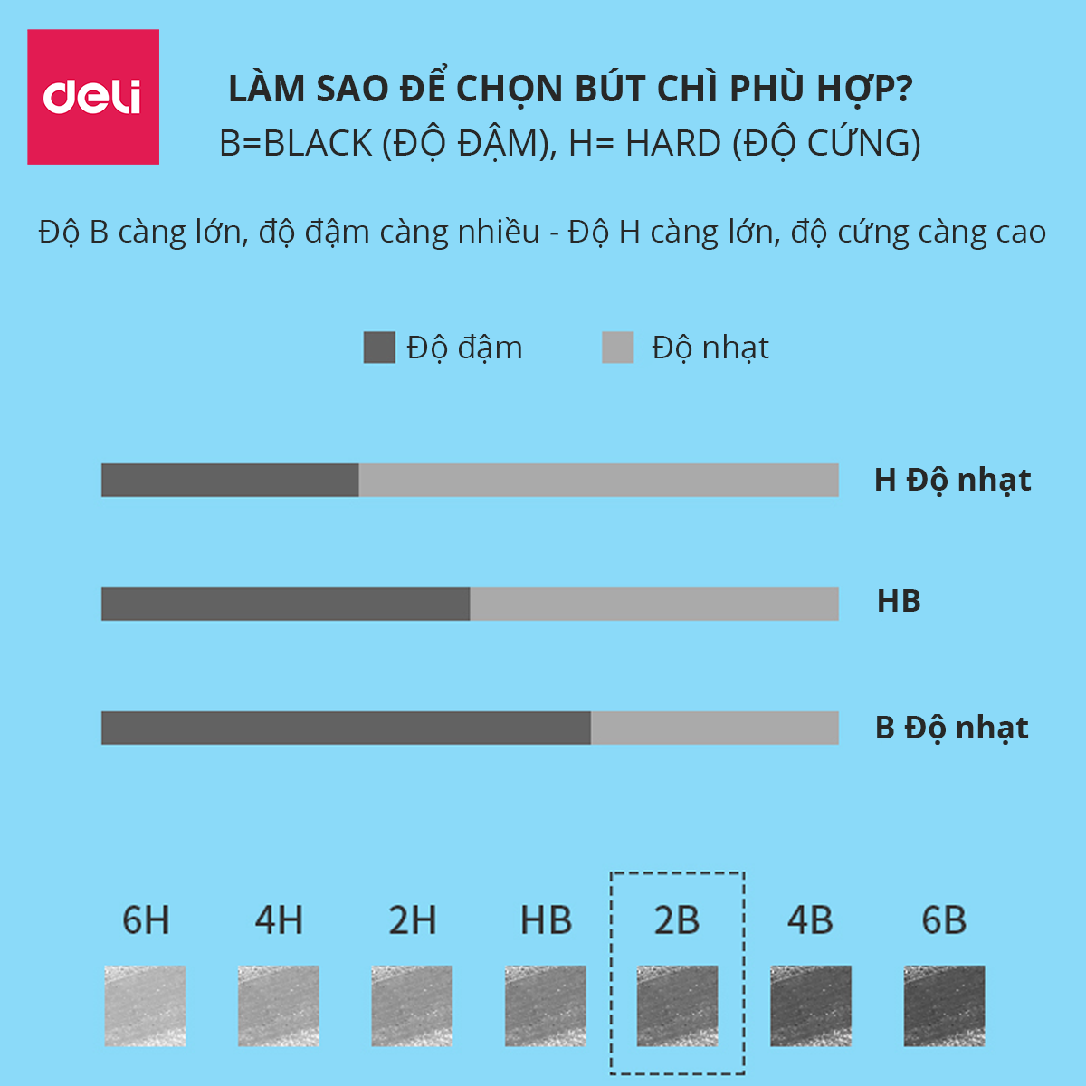 Bút chì 2B HB gỗ tự nhiên Deli - Dễ gọt và nhạy với máy chấm thi - Kèm tẩy và gọt - 10 chiếc/vỉ 50 chiếc/hộp - 33431 / 33433