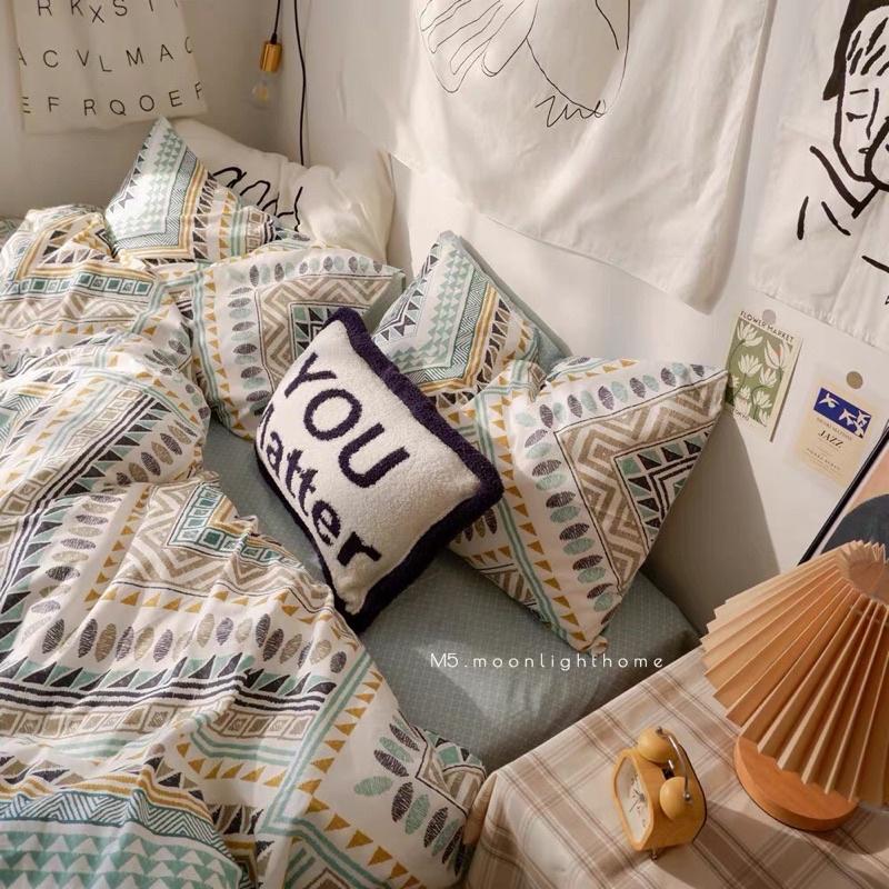 Bộ Chăn Ga Gối Cotton Living 100%cotton Hàng Nhập Khẩu Cao Cấp 4 Món Thổ Cẩm Xanh