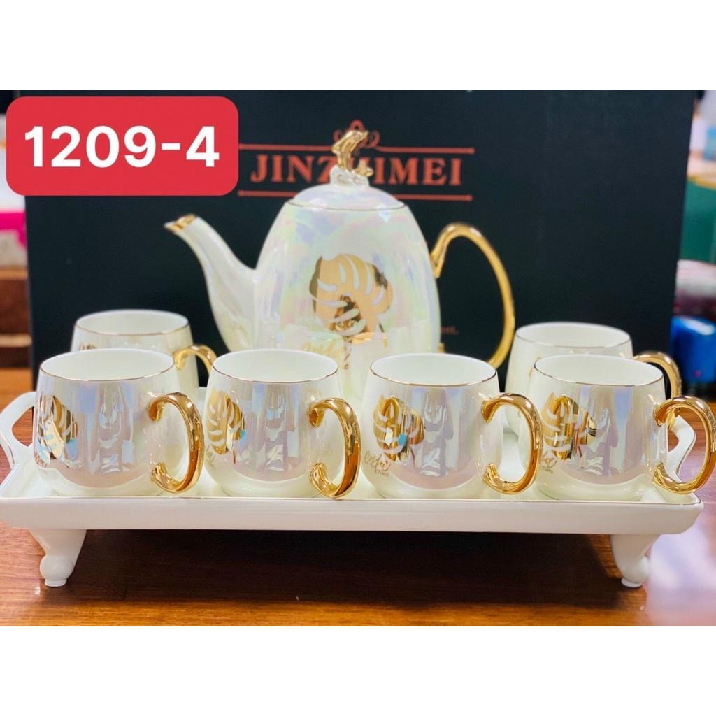 BỘ ẤM CHÉN KÈM KHAY SỨ XƯƠNG CAO CẤP HỌA TIẾT LÁ VÀNG