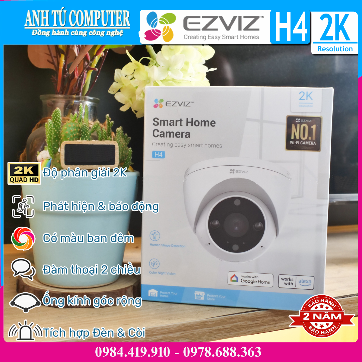 Camera WiFi bán cầu 3MP EZVIZ H4 2K Hàng chính hãng