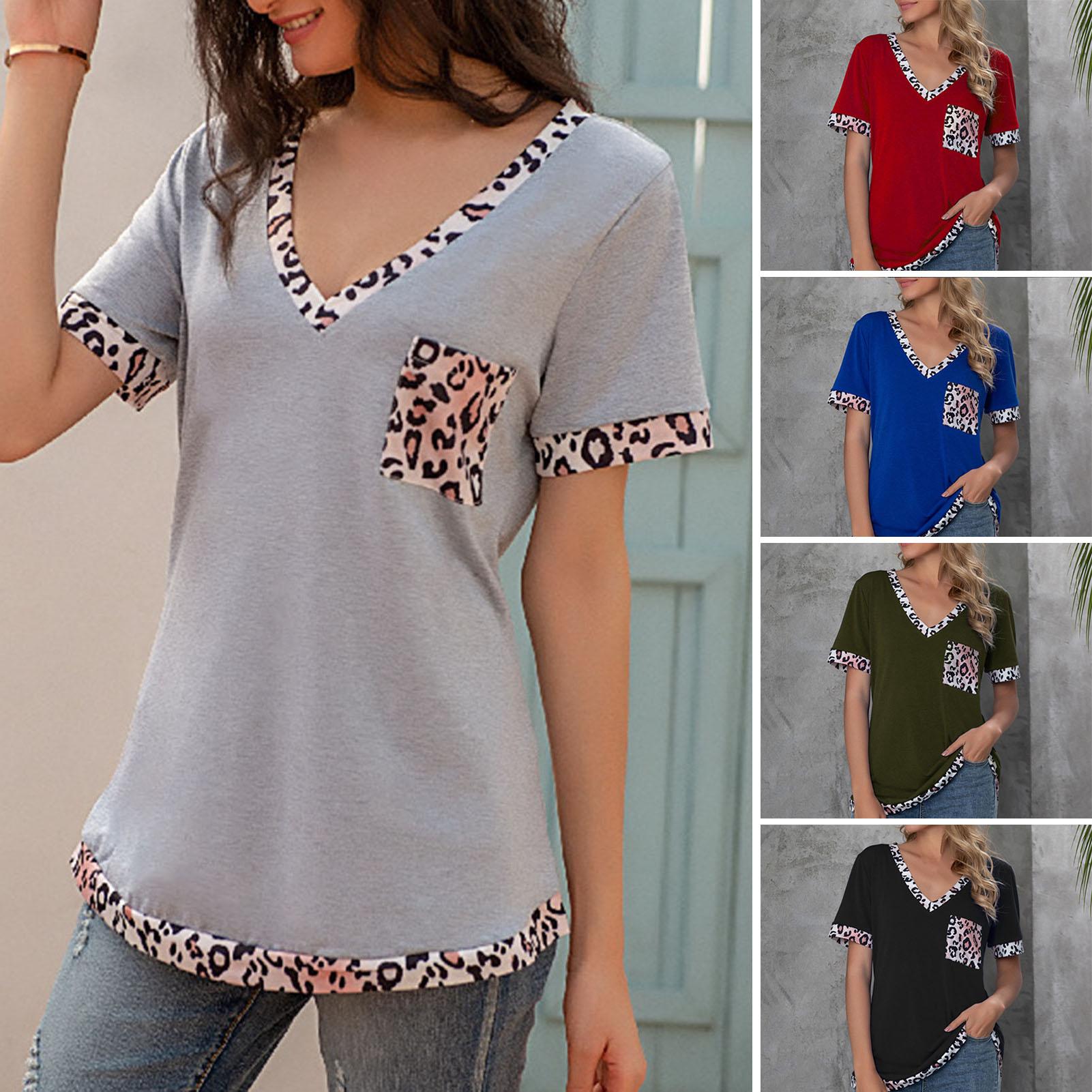 Women T-shirt Leopard Splicing V Neck Short Sleeve Chest Pocket Blouse Casual Loose Tunic Tops