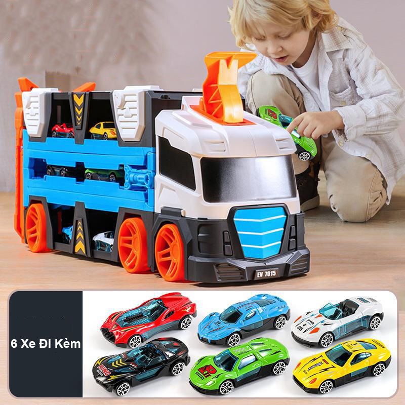 Đồ Chơi Xe Tải Container HotWheels Biến Hình Vận Chuyển Xe Ôtô Cỡ Lớn Cao Cấp Tặng Kèm 6 Xe Con Và Bệ Phóng.