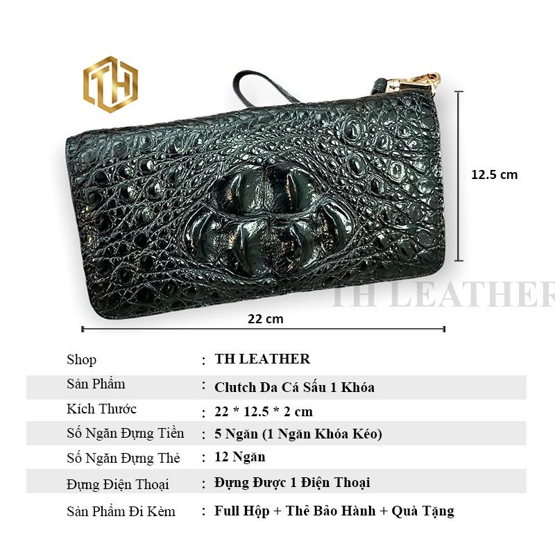 Clutch Da Cá Sấu Thật 1 Khóa - Clutch Cá Sấu Màu Đen 6 Gù, Ví Cầm Tay Có Ngăn Đựng Điện Thoại, BH 24 Tháng
