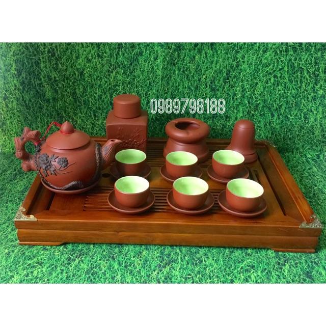 Bộ ấm chén tử sa phù dung đắp nổi Gốm sứ Bát Tràng cao cấp đủ phụ kiện kèm khay gỗ
