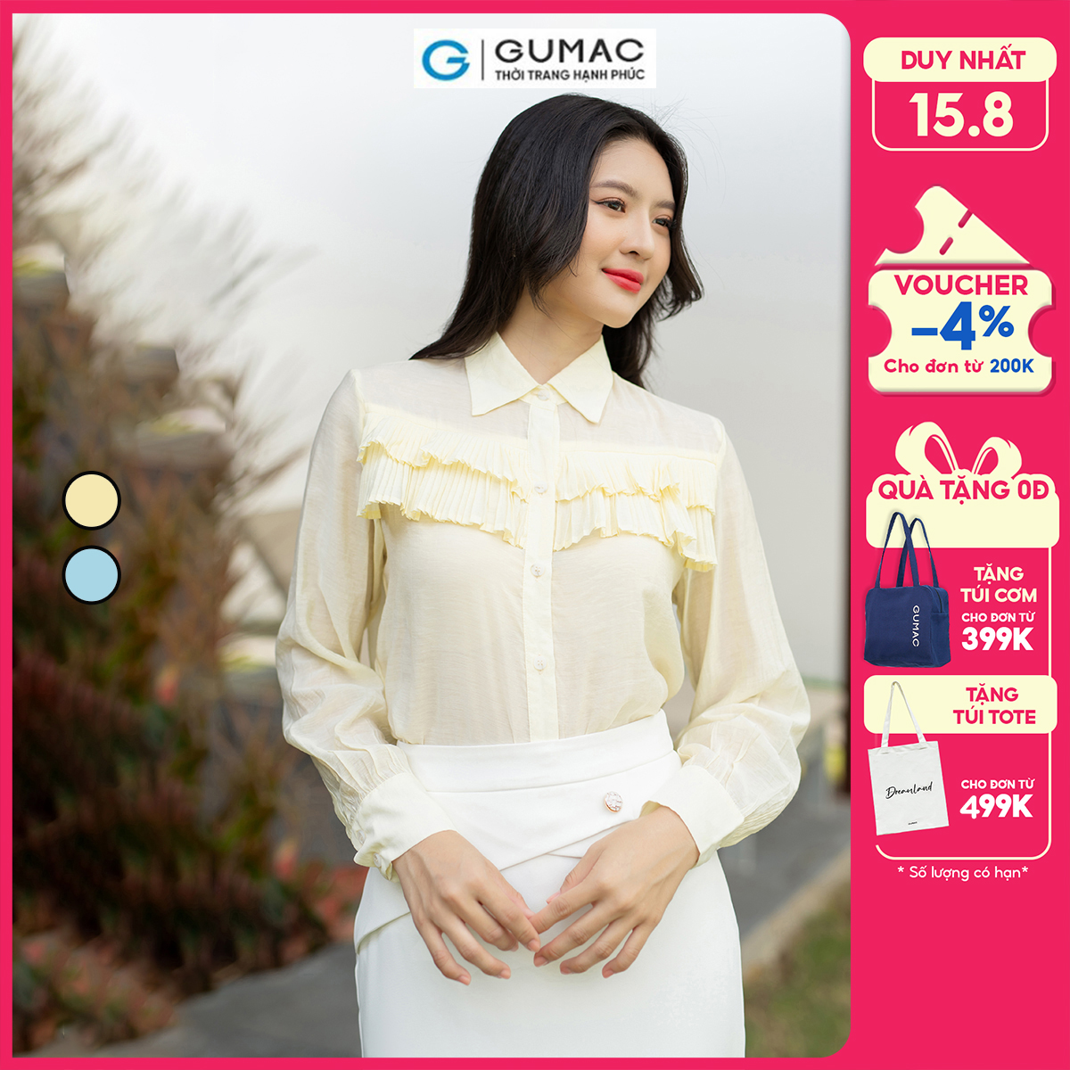 Áo sơ mi nữ phom rộng vừa đô kiểu vải tơ mềm mịn GUMAC AD08068