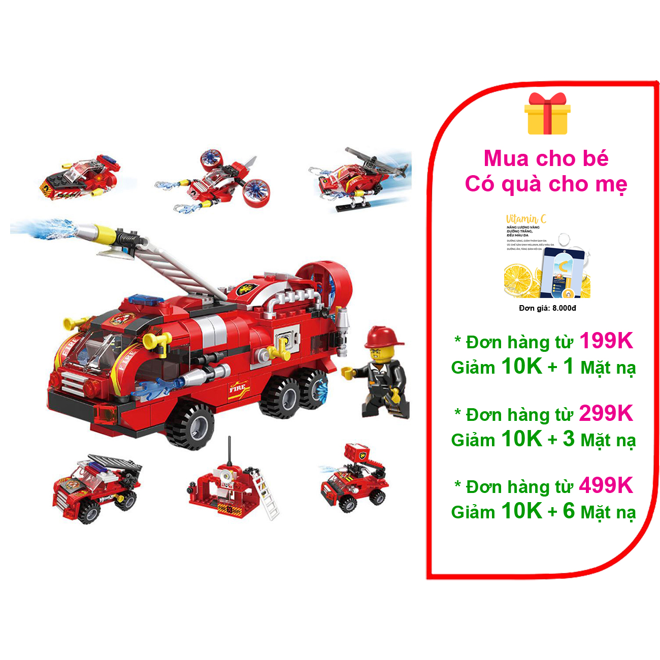 Đồ chơi lắp ráp xe cứu hỏa vòi phun nước 6in1 loại lớn