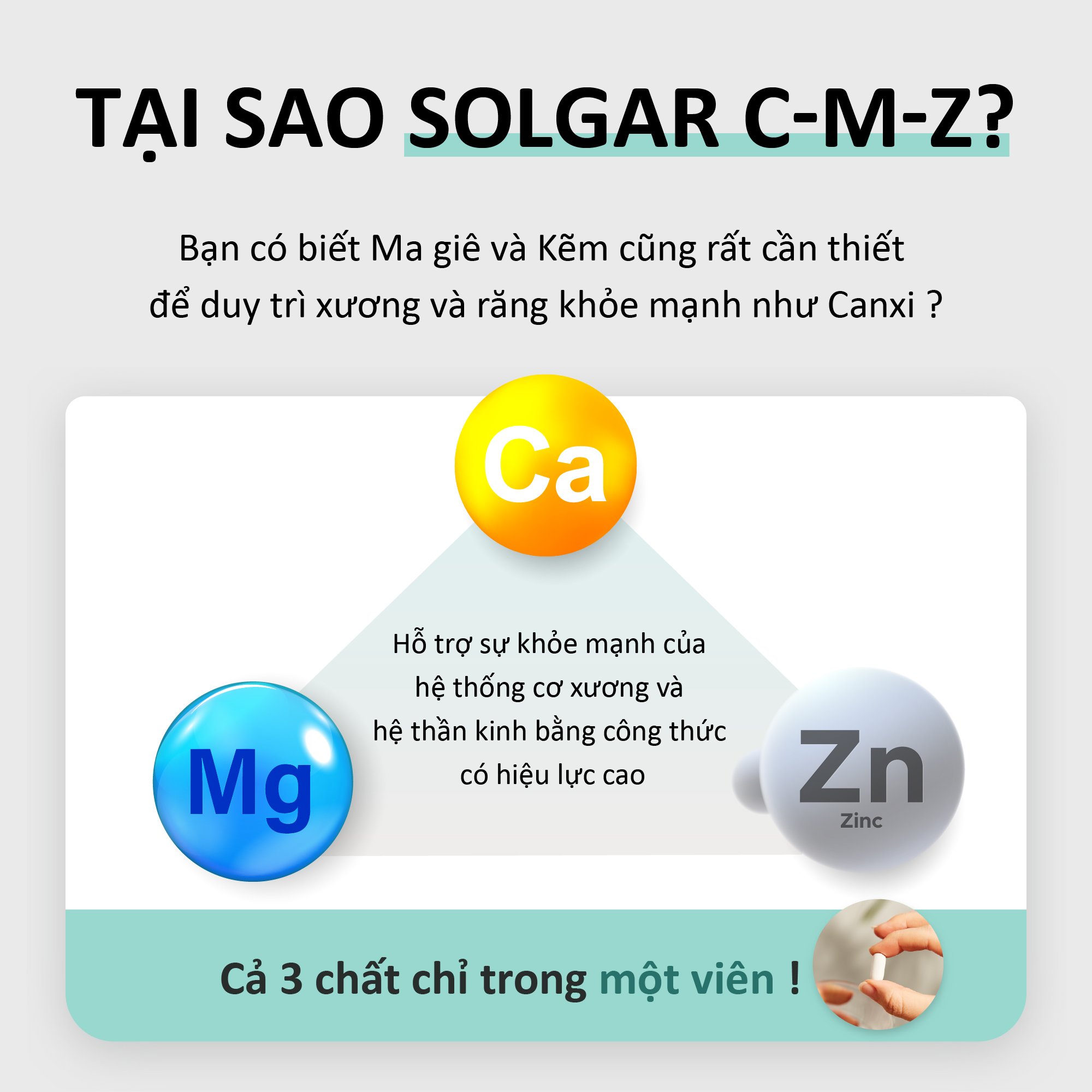 Viên Uống Solgar Calcium Magnesium Plus Zinc [100 viên] Hỗ Trợ Phát Triển Xương,Hoạt Động Cơ Bắp,Hỗ Trợ Tế Bào Thần Kinh