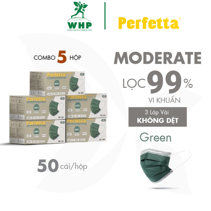 Combo 5 HỘP – PERFETTA MODERATE – Khẩu Trang Y Tế Chất Lượng Cao, Kháng Khuẩn, Chống Bụi Mịn, 3 Lớp, Bảo Vệ Tối Ưu – 50 cáihộp – XANH RÊU