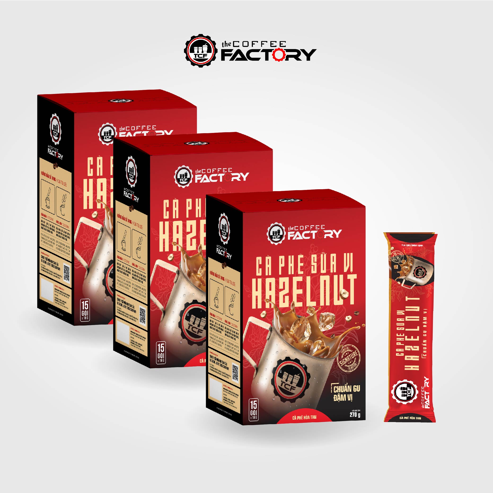 Combo 3 hộp cà phê sữa vị hazelnut hòa tan The Coffee Factory (Hộp 15 gói x 16g)