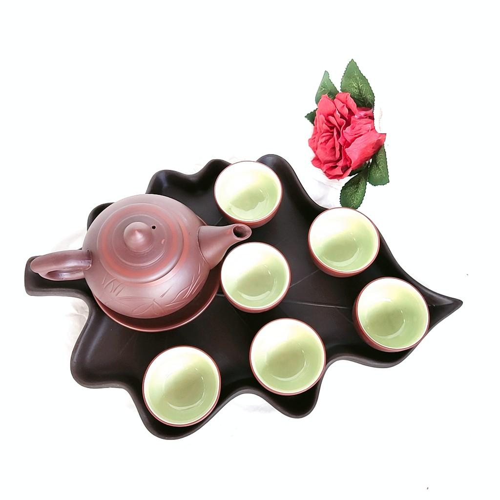 Gốm tử sa - Bộ ấm chén tử sa khắc chìm cỡ nhỏ khay hình lá tuyệt đẹp - Dung tích 180 ml