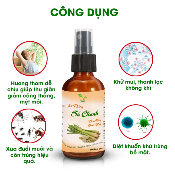 Xịt thơm phòng tinh dầu Sả chanh 50ml - Kháng khuẩn - Khử mùi hôi - Đuổi muỗi và các loại côn trùng - Hương thơm thư giãn