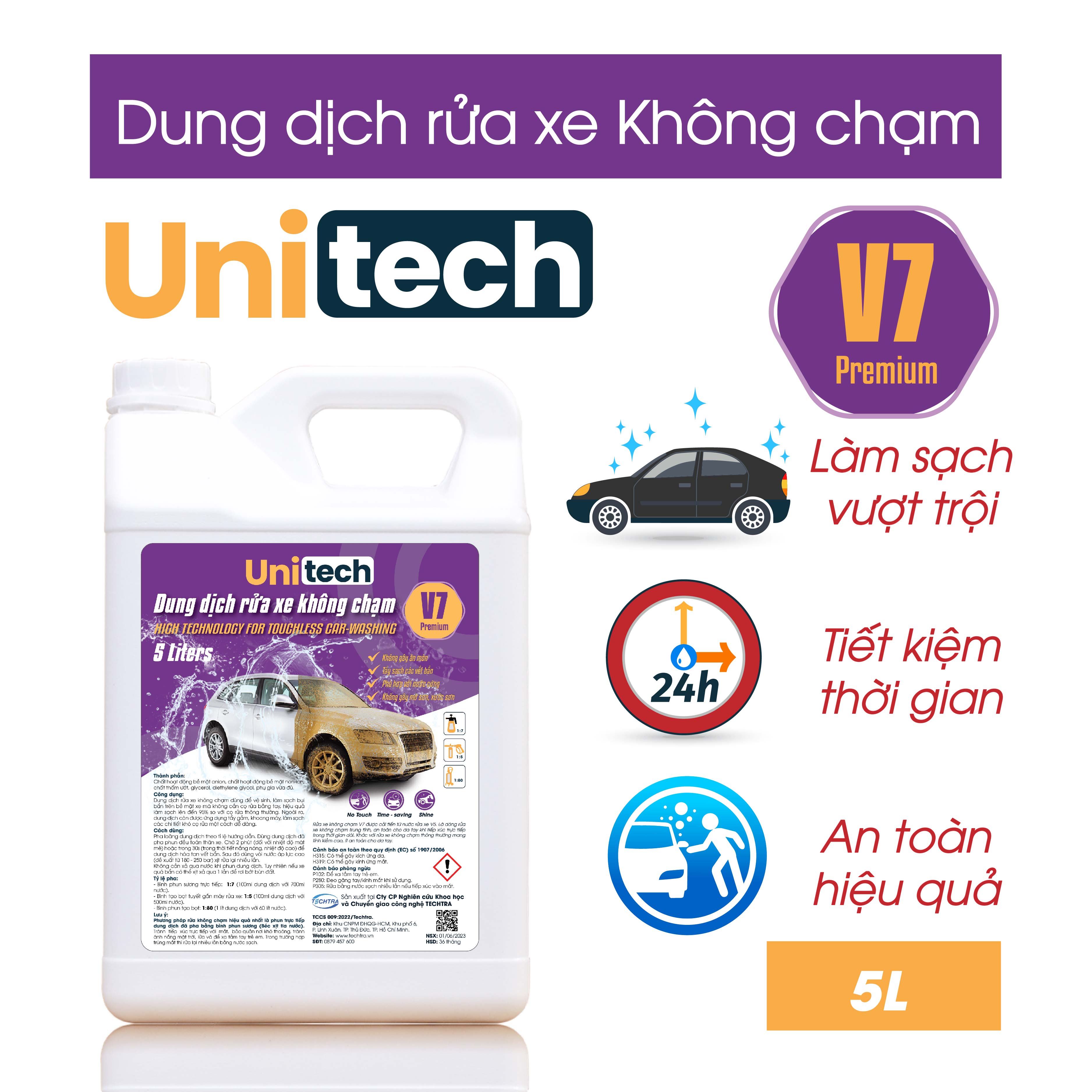 Nước rửa xe không chạm Unitech V7 (5 lít) | Xà phòng rửa xe ô tô, xe máy siêu sạch, bảo vệ màu sơn xe
