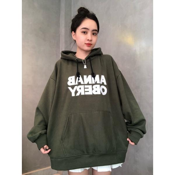 Áo Hoodie nỉ cotton lót bông thêu chữ ANNAB màu xanh form rộng unisex nam nữ