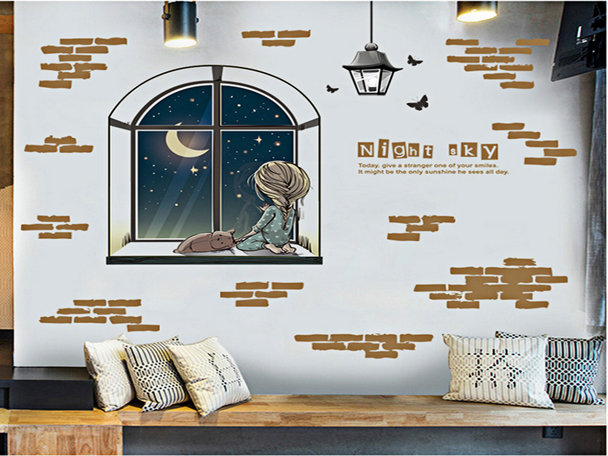 Decal dán tường cô bé ngắm trăng bên bệ cửa sổ